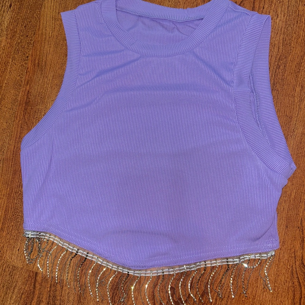 SHEIN Purple Crop Top with Silver Fringe